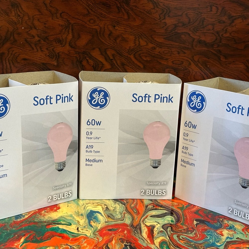 GE - Soft “Pink” Light Bulbs - 3 Packs/6 Bulbs - 60W - older style bulbs